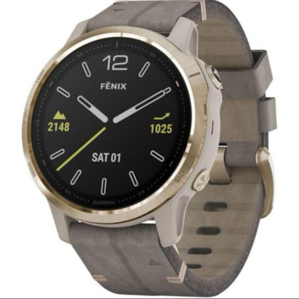 Smartwatch Garmin Fenix 6S Sapphire 010-02159-25 42 MM com GPS/Wi-Fi - Light Gold Tone / Shale Gray Leather